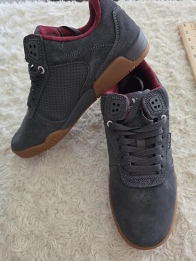 Supra Men's Charcoal Suede Sneakers with Gum Sole and Maroon Lining